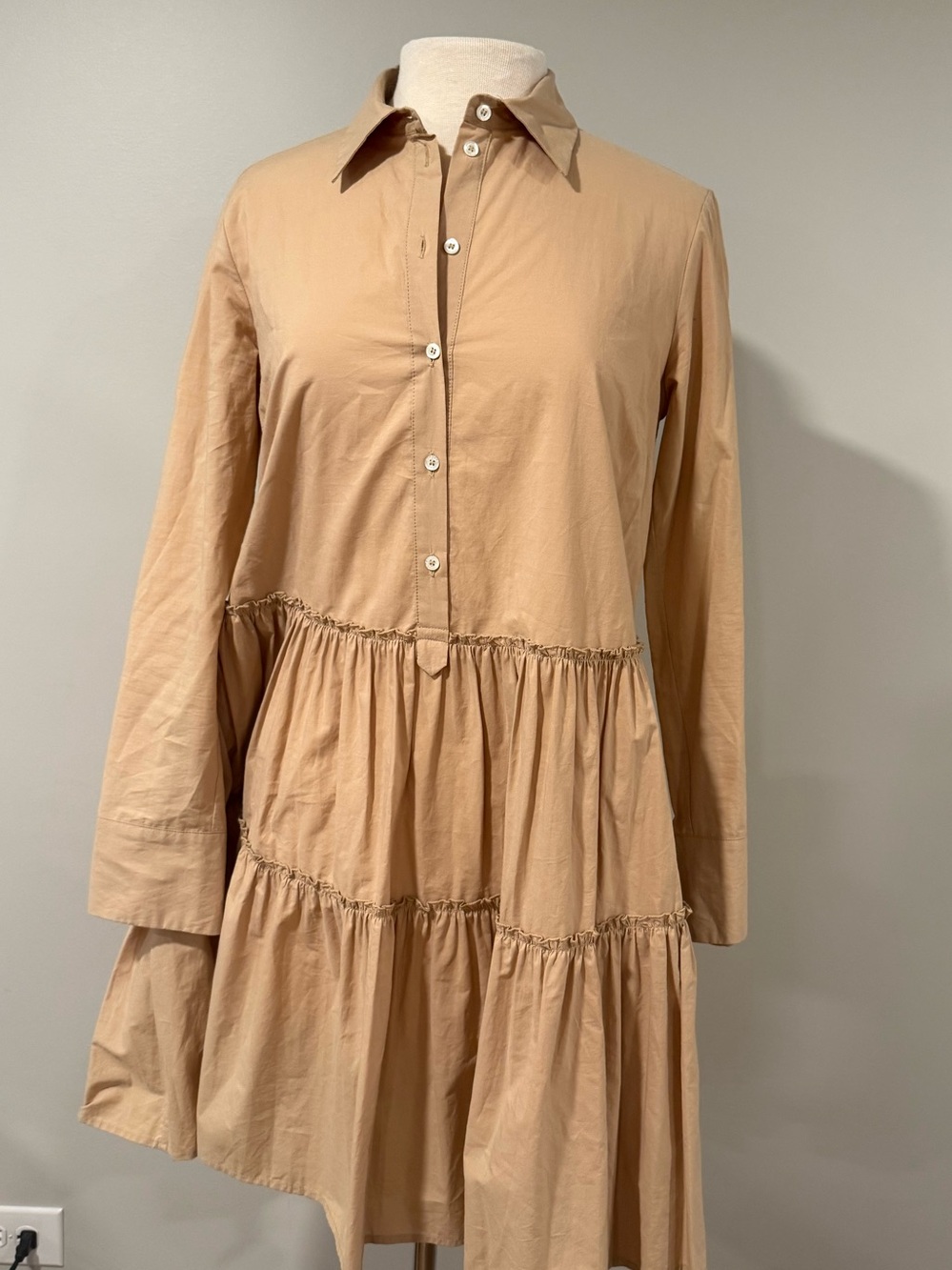 OTTODAMETan Tiered Shirt Dress - Collared Long Sleeve